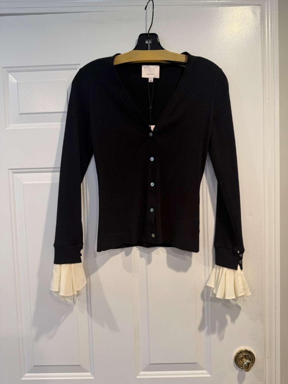NEW Cinq a SEPT Bernadette Prestyled Ribbed cardigan in Black/Ivory